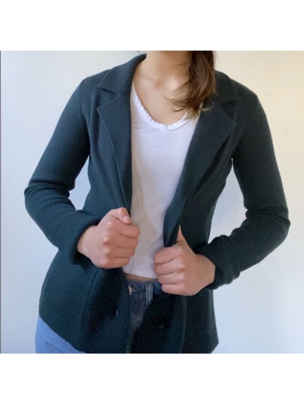 Adrienne Vittadini XL Hunter Green Button Front Knit Blazer Cardigan w/Pockets